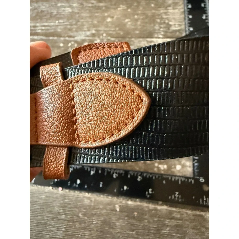 Cara New York Two Tone Black Lizard Embossed Cognac Brown Wide Waist Belt NWT